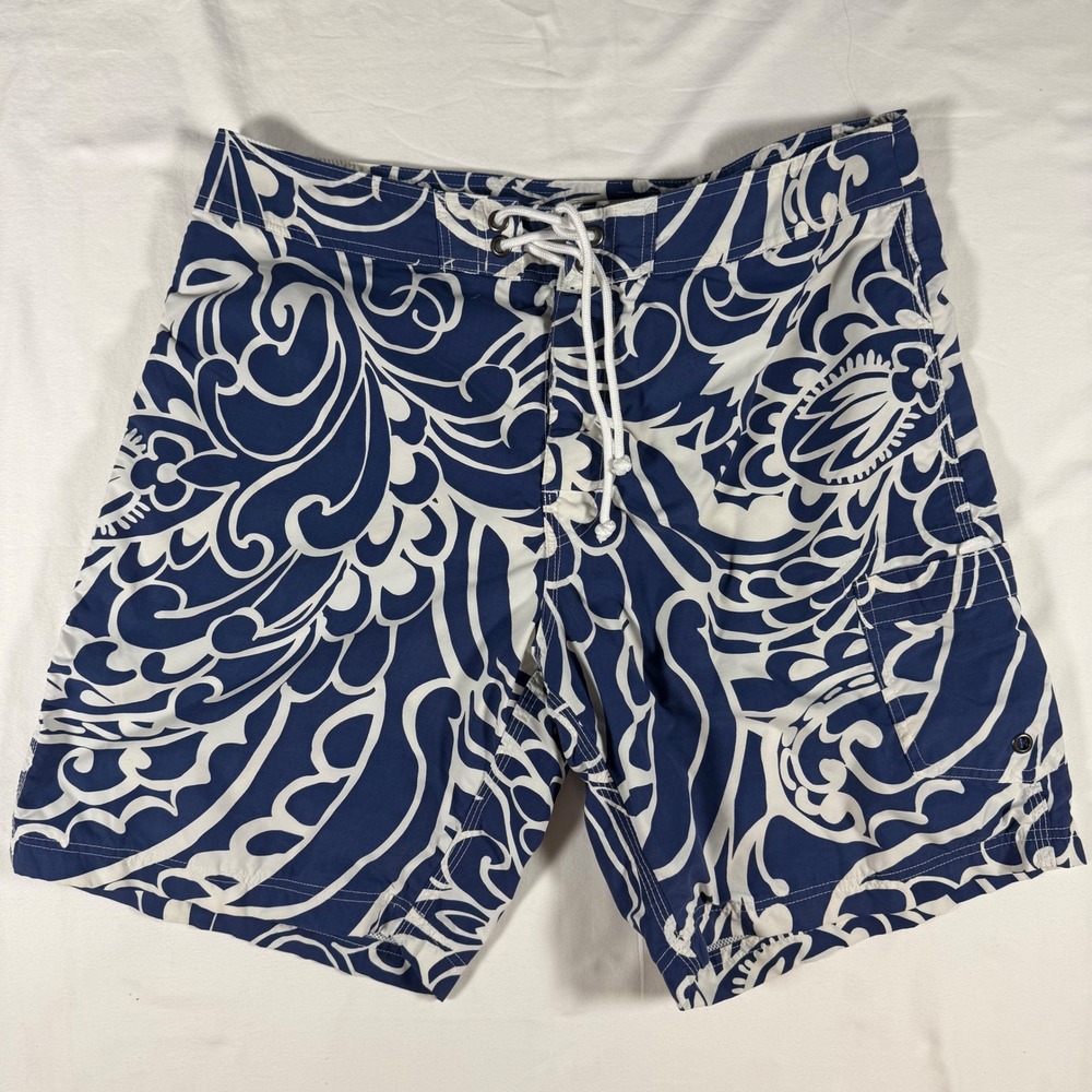 J.Crew Mens Board Shorts Navy White Scroll Paisley Swim Trunks Sz 35 Mesh Liner